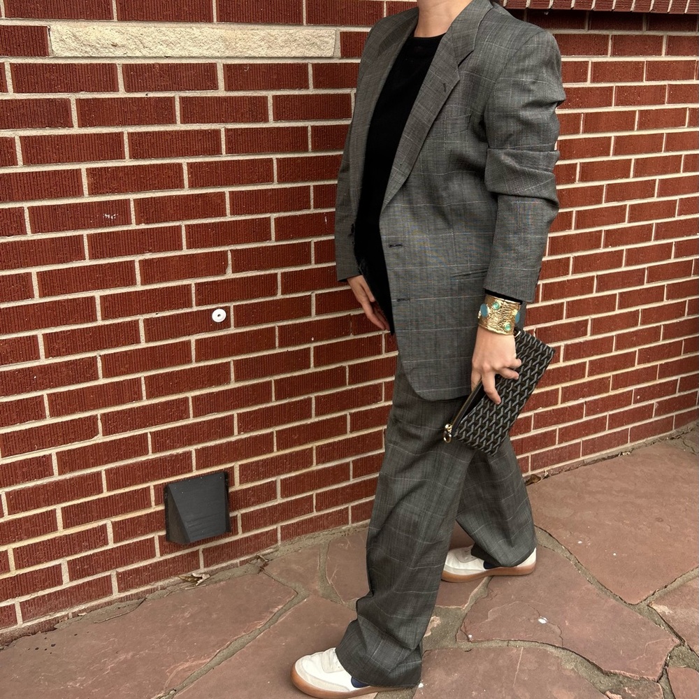 SAINT LAURENT VTG 💯 Virgin Wool Windowpane Plaid Grey & Black Men’s Suit SZ: 40R